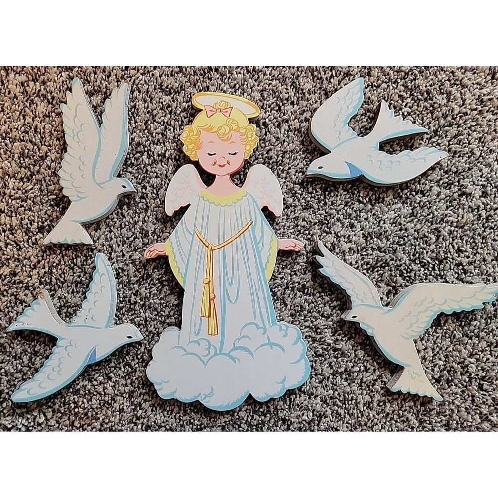 Vtg Dolly Toy Co. Mother Goose Pin-Ups Angel 4 Doves MCM Retro Baby Room Kitschy